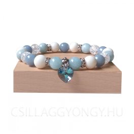 Angelit, akvamarin, roppantott hegyikristály, kagylóhéj karkötő swarovski medállal