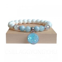   Kagylóhéj karkötő akvamarinnal, angyal aura kvarccal és epoxi gyanta medállal