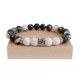 Zebra jáspis márvány karkötő ezüst színű fém köztes díszel, 8mm-es ásvány golyókból, rugalmas ékszer.