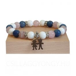   Kagylóhéj, rózsakvarc és kékkvarc karkötő kislány-kisfiú medállal