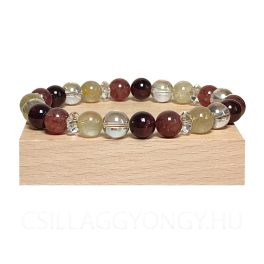 Gránát, eperkvarc, rutilkvarc és aura kvarc ásvány karkötő 8mm-es szemekkel, női kézműves darab.
