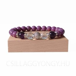 Foszfosziderit karkötő ametisztettel, fazettált hegyikristállyal és mikrostrassz gömbbel